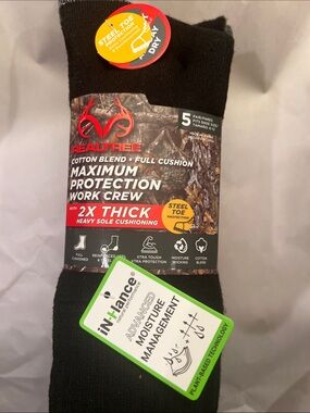 Realtree Black Men's Work Crew Socks with Steel Toe Protection